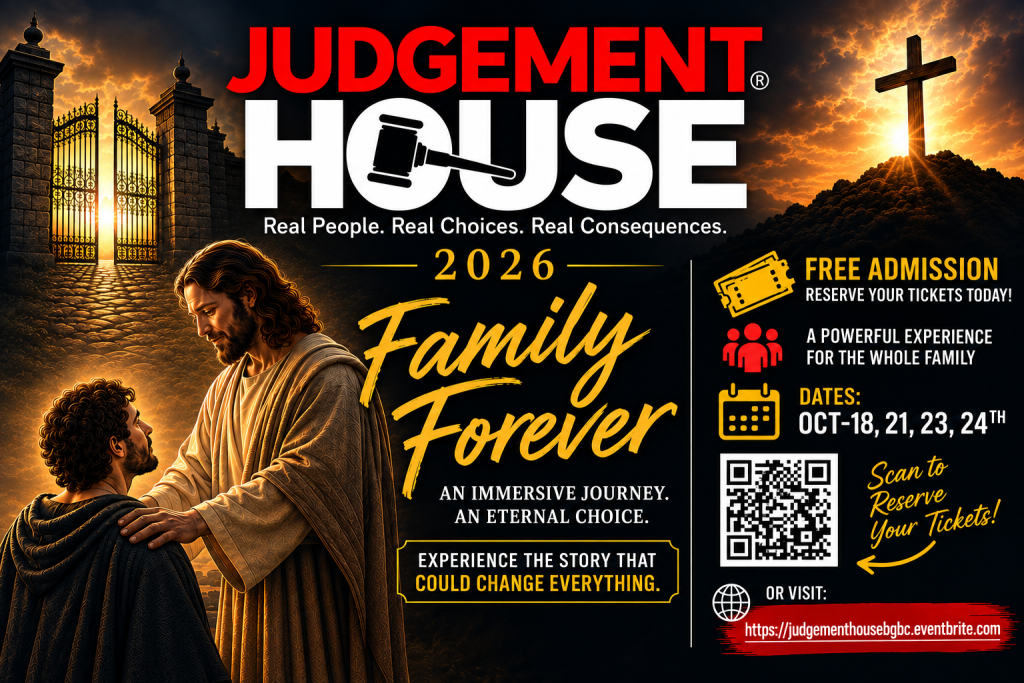 Judgement House at Benson Grove Baptist Church. See the QR code or URL for ticket information.