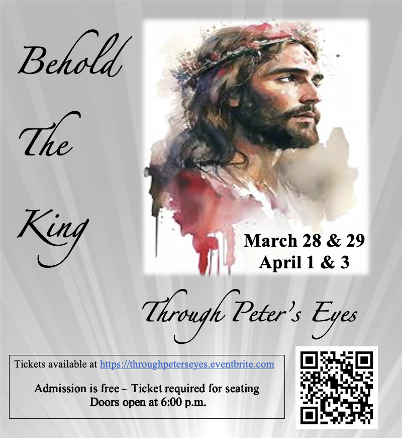 Click to register for Through Peters Eyes - a live drama event @ Benson Grove Baptist Church. March 28 & 29, April 1 & 3.